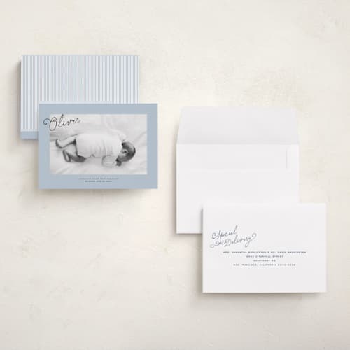 This is a powder petite birth announcements with standard by Jenna Holcomb called nostalgic handwriting printing on signature in petite