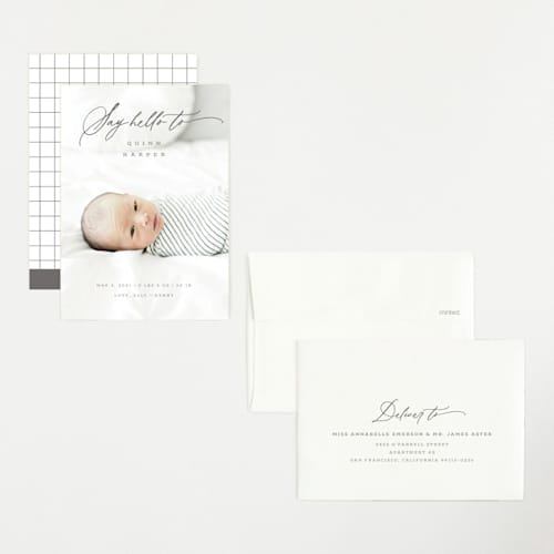 This is a shadow petite birth announcements with standard by fatfatin called say hello to printing on recycled smooth signature in petite