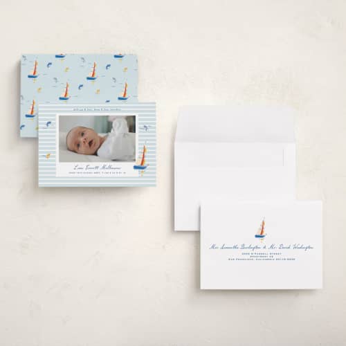 This is a maritime petite birth announcements with standard by Corinne Malesic called little sail boat printing on signature in petite