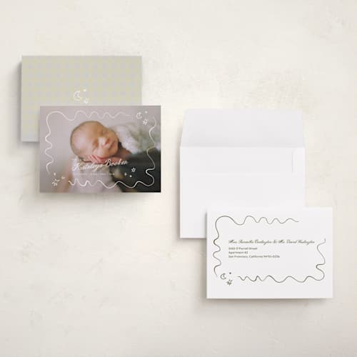 This is a linen petite birth announcements with standard by Zove Ahhh called dreamland printing on signature in petite