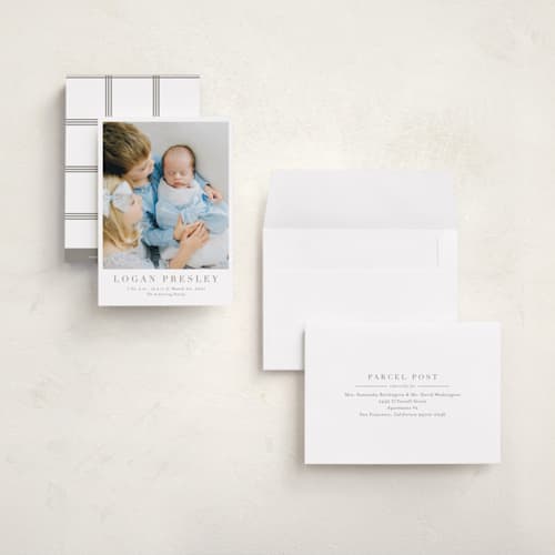 This is a fawn petite birth announcements with standard by Megan Davis called menil printing on recycled smooth signature in petite