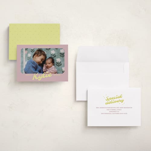 This is a mauve petite birth announcements with standard by Inkblot Design called retro printing on signature in petite