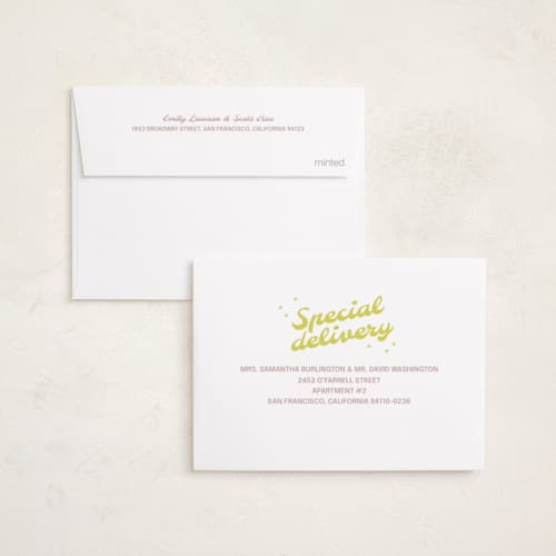 This is a mauve petite birth announcements with standard by Inkblot Design called retro printing on signature in petite