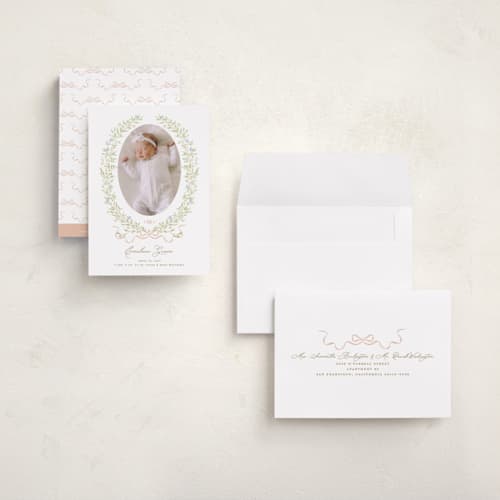 This is a vintage rose petite birth announcements with standard by Susan Zinader called floral crest printing on signature in petite