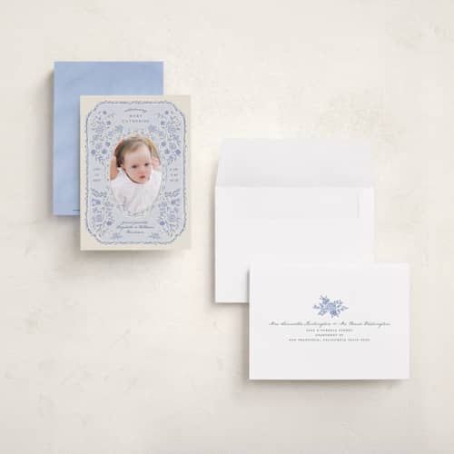This is a delft petite birth announcements with standard by Grae called porcelain and lace printing on signature in petite
