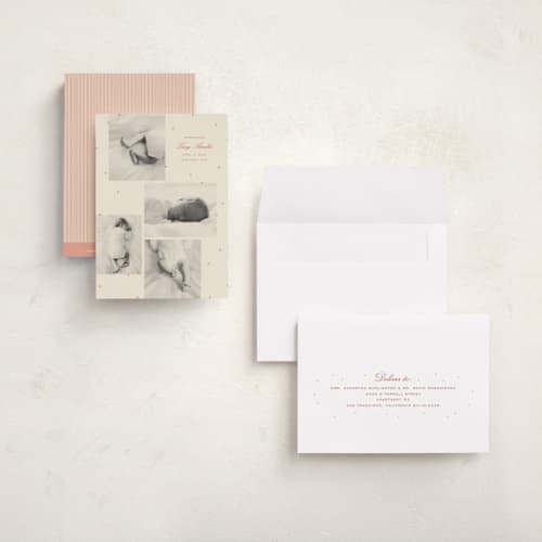 This is a peach petite birth announcements with standard by Ellen Schlegelmilch called tiny polka dots printing on signature in petite