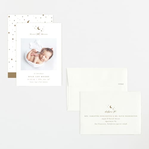 This is a fawn petite birth announcements with standard by AK Graphics called over the moon printing on signature in petite