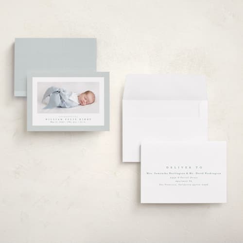 This is a powder petite birth announcements with standard by Lea Delaveris called linen frame printing on recycled smooth signature in petite