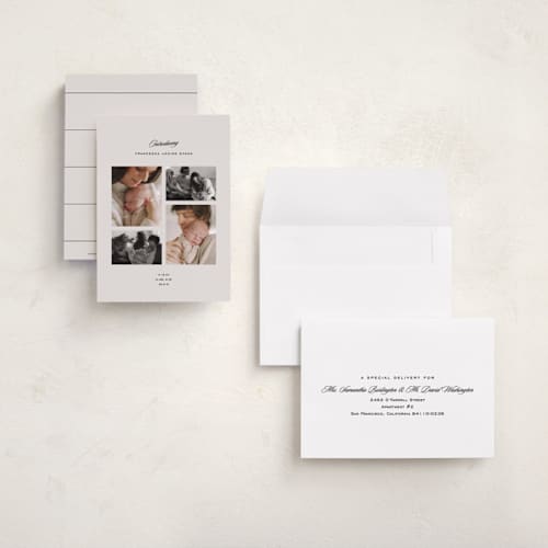 This is a parchment petite birth announcements with standard by Lea Delaveris called story printing on signature in petite