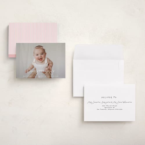 This is a marshmallow petite birth announcements with standard by Benita Crandall called handdrawn style printing on signature in petite