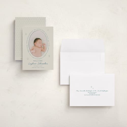 This is a deep pond petite birth announcements with standard by Zove Ahhh called doodle frame printing on signature in petite