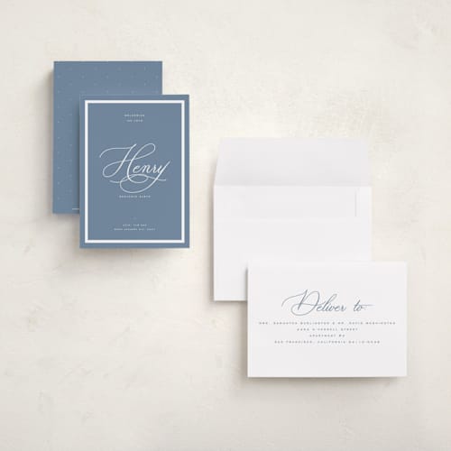 This is a sky petite birth announcements with standard by Blustery August called welcome baby printing on signature in petite