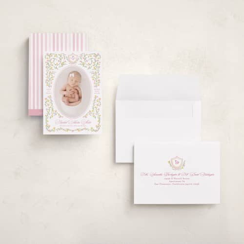 This is a cotton candy petite birth announcements with standard by Creo Study called cottagecore printing on signature in petite