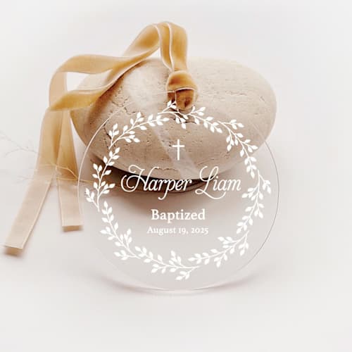 This is a white nursery decor by Iveta Abolina called personalized acrylic baby baptism first holy communion christening or dedication keepsake, set of 1 in standard