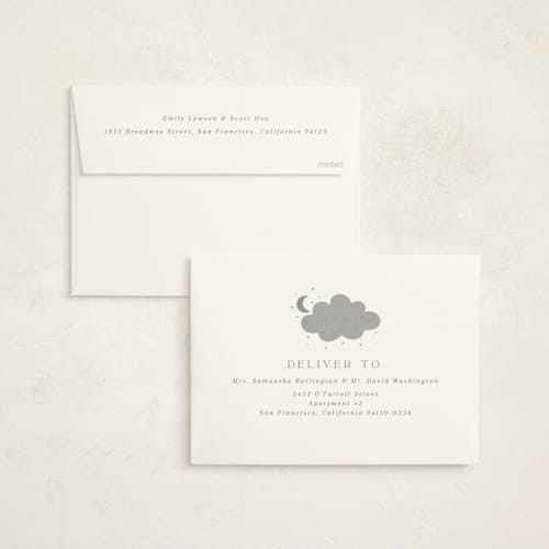 This is a slate foil stamped baby shower invitations with foil pressed by Marina Onoprienko called moon baby printing on signature in standard