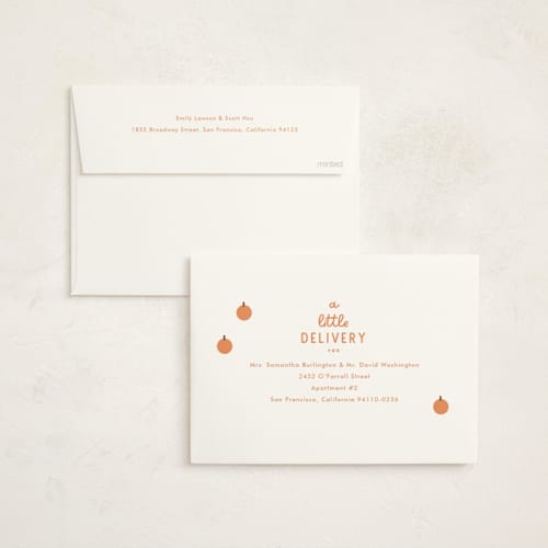 This is a pumpkin foil stamped baby shower invitations with foil pressed by Baumbirdy called a little pumpkin printing on signature in standard