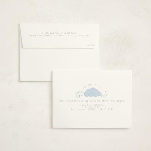 This is a celestial foil stamped baby shower invitations with foil pressed by Joanna Griffin called over the moon printing on signature in standard
