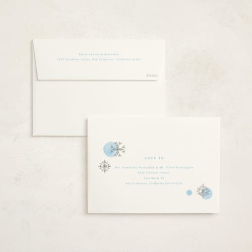 This is a glacier foil stamped baby shower invitations with foil pressed by Baumbirdy called snowflakes printing on signature in standard