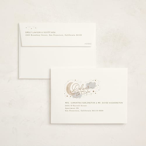 This is a latte foil stamped baby shower invitations with foil pressed by Creo Study called moon and stars printing on signature in standard