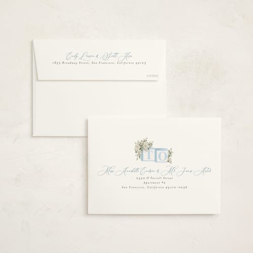 This is a baby blue foil stamped baby shower invitations with foil pressed by Itsy Belle Studio called botanical blocks printing on signature in standard