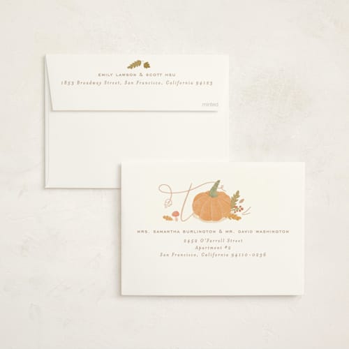This is a latte foil stamped baby shower invitations with foil pressed by Creo Study called little pumpkin printing on signature in standard