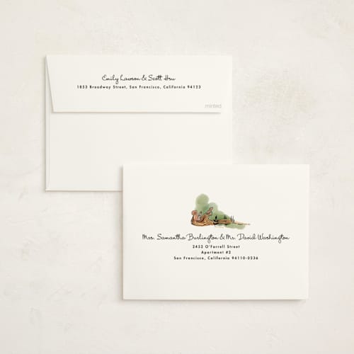 This is a peach foil stamped baby shower invitations with foil pressed by Becky Nimoy called medieval letters fairytale printing on signature in standard