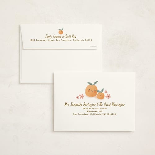 This is a peach foil stamped baby shower invitations with foil pressed by Karidy Walker called little cutie oranges printing on signature in standard