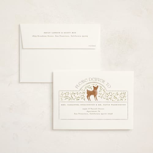 This is a ecru foil stamped baby shower invitations with foil pressed by Creo Study called woodland storybook printing on signature in standard