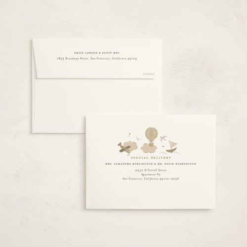 This is a blush foil stamped baby shower invitations with foil pressed by Jennifer Holbrook called our journey printing on signature in standard