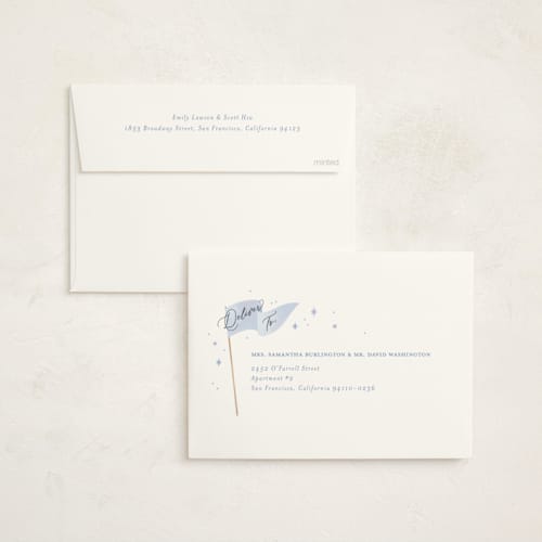 This is a baby blue foil stamped baby shower invitations with foil pressed by Paper Raven Co. called bows & banners printing on signature in standard