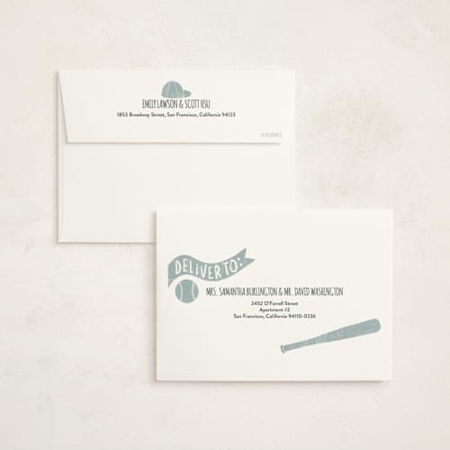 This is a sky foil stamped baby shower invitations with foil pressed by Rebekah Canavan called baseball baby shower printing on signature in standard