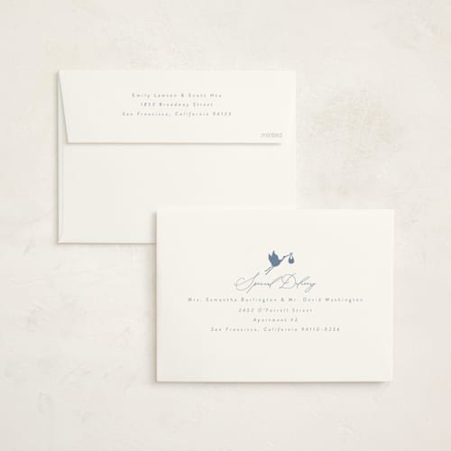 This is a bluebell foil stamped baby shower invitations with foil pressed by Hudson meet Rose called special delivery printing on signature in standard