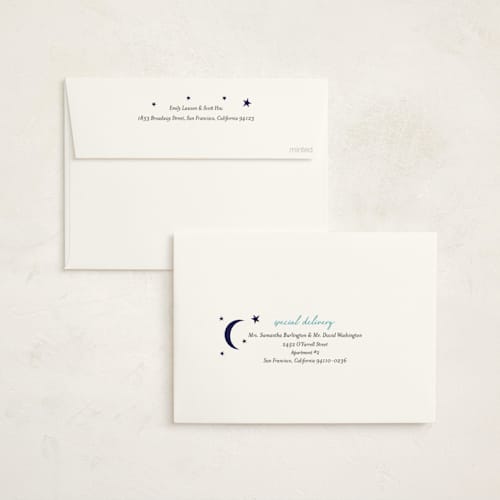 This is a midnight foil stamped baby shower invitations with foil pressed by Ilene Guy called midnight stars printing on signature in standard
