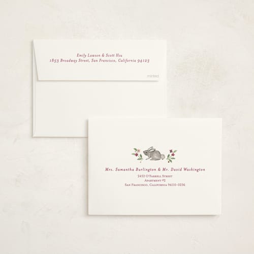 This is a mulberry foil stamped baby shower invitations with foil pressed by Sarah Knight called trellis printing on signature in standard