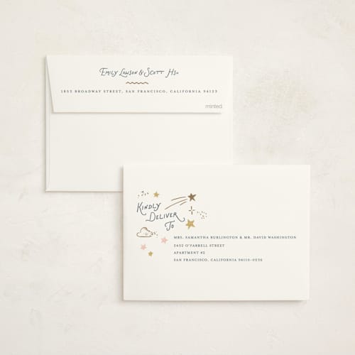 This is a celestial foil stamped baby shower invitations with foil pressed by Leah Bisch called stellar printing on signature in standard