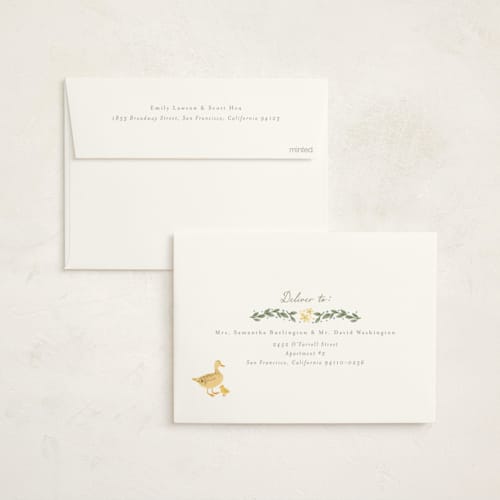 This is a vanilla foil stamped baby shower invitations with foil pressed by frau brandt called cottage life printing on signature in standard