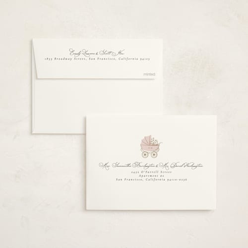 This is a antique blush foil stamped baby shower invitations with foil pressed by Ana de Sousa called petal & pram printing on signature in standard