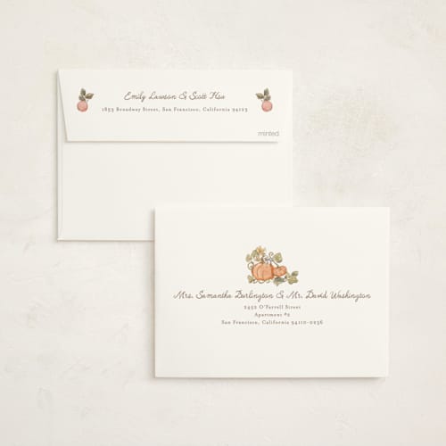 This is a ivory foil stamped baby shower invitations with foil pressed by Becky Nimoy called autumn harvest printing on signature in standard