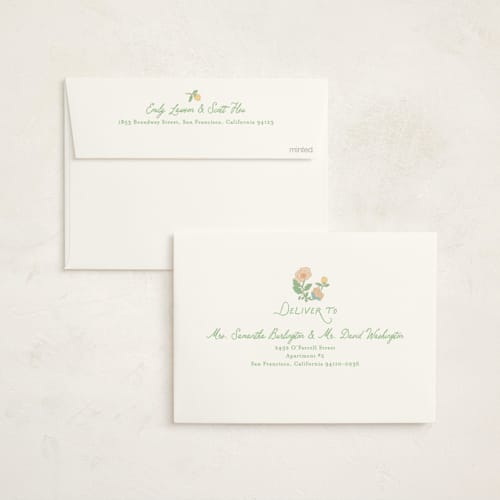 This is a sky foil stamped baby shower invitations with foil pressed by Creo Study called vintage blossom printing on signature in standard