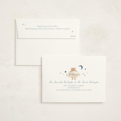 This is a moonlight foil stamped baby shower invitations with foil pressed by Sarah Knight called twinkle twinkle little star printing on signature in standard