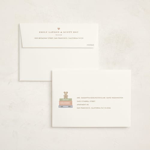 This is a sprinkles foil stamped baby shower invitations with foil pressed by Leah Bisch called a new chapter printing on signature in standard