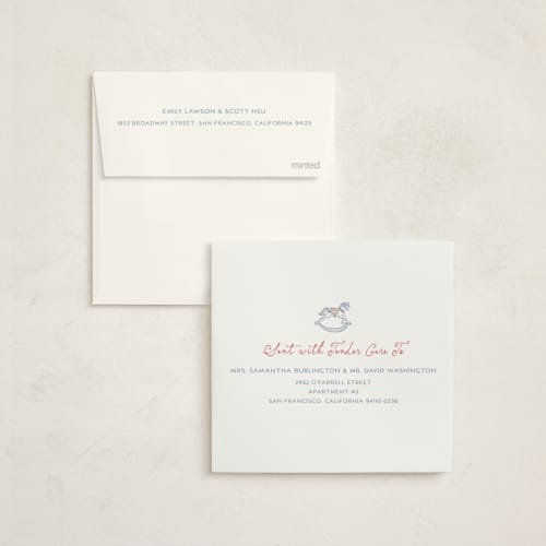 This is a powder foil stamped baby shower invitations with foil pressed by Vera Lim called vintage horse printing on signature in standard