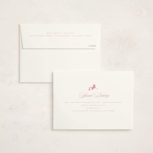 This is a bubblegum foil stamped baby shower invitations with foil pressed by Stacey Meacham called storybook stork printing on signature in standard