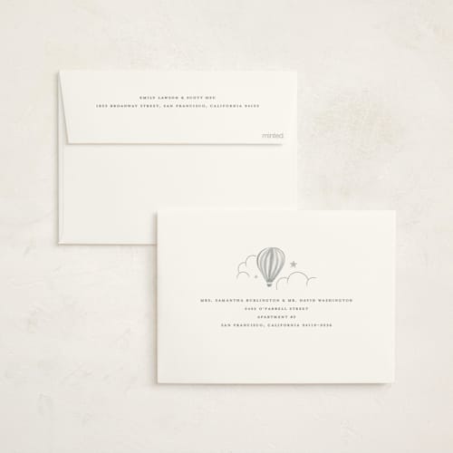 This is a sail foil stamped baby shower invitations with foil pressed by Teju Reval called hot air balloons printing on signature in standard
