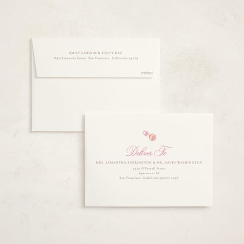 This is a watermelon foil stamped baby shower invitations with foil pressed by Creo Study called un hochet printing on signature in standard