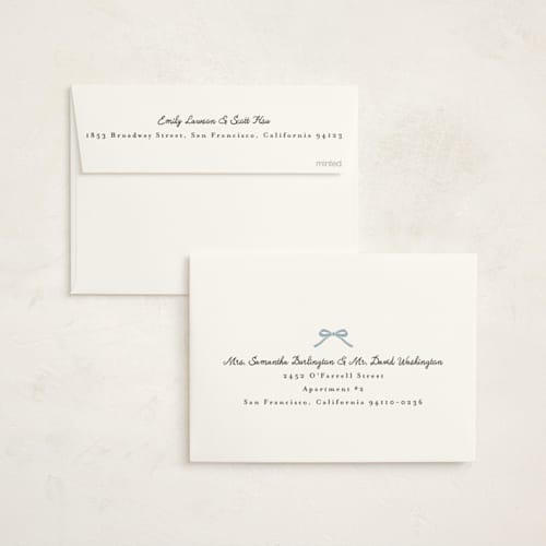 This is a sky foil stamped baby shower invitations with foil pressed by Maria Alou called scallop & little bow printing on signature in standard