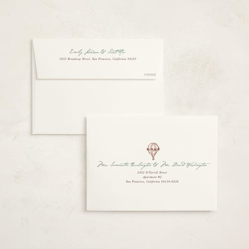 This is a coral breeze foil stamped baby shower invitations with foil pressed by Cass Loh called vintage balloon sketch printing on signature in standard