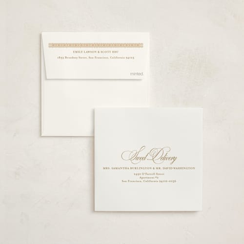 This is a peach foil stamped baby shower invitations with foil pressed by Tamara Hilje called eleganza printing on signature in standard
