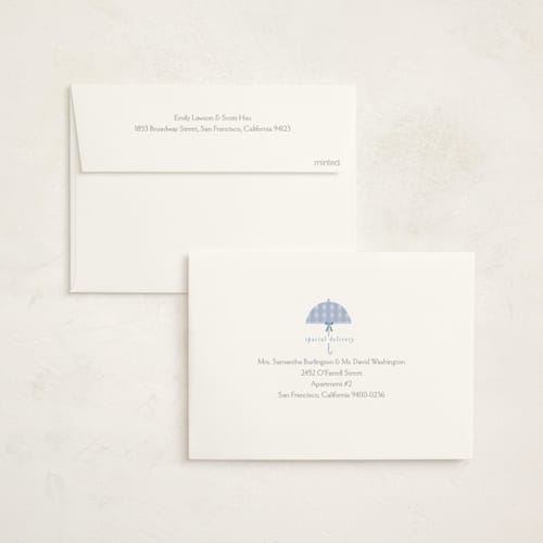 This is a sky foil stamped baby shower invitations with foil pressed by Angela Thompson called plaid brolly printing on signature in standard