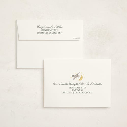 This is a dandelion foil stamped baby shower invitations with foil pressed by Heather Schertzer called over the moon printing on signature in standard